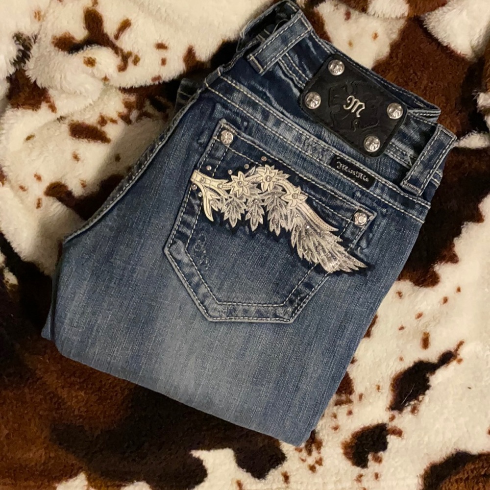 Miss Me Women's Boot Cut Jeans in Medium Blue with Silver Embroidery
